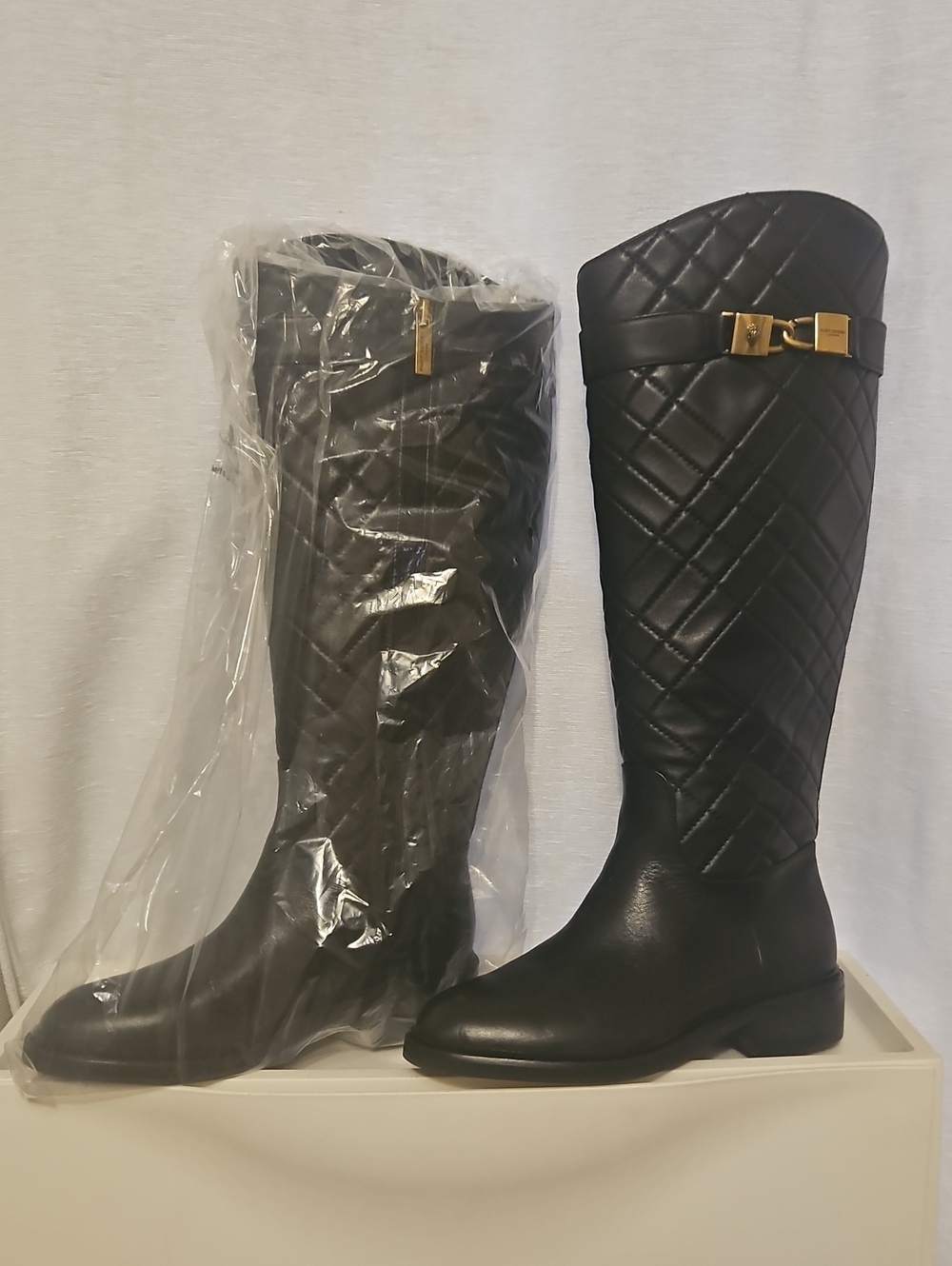 Kurt Geiger Black Quilted Knee-High Boots with Gold Buckle